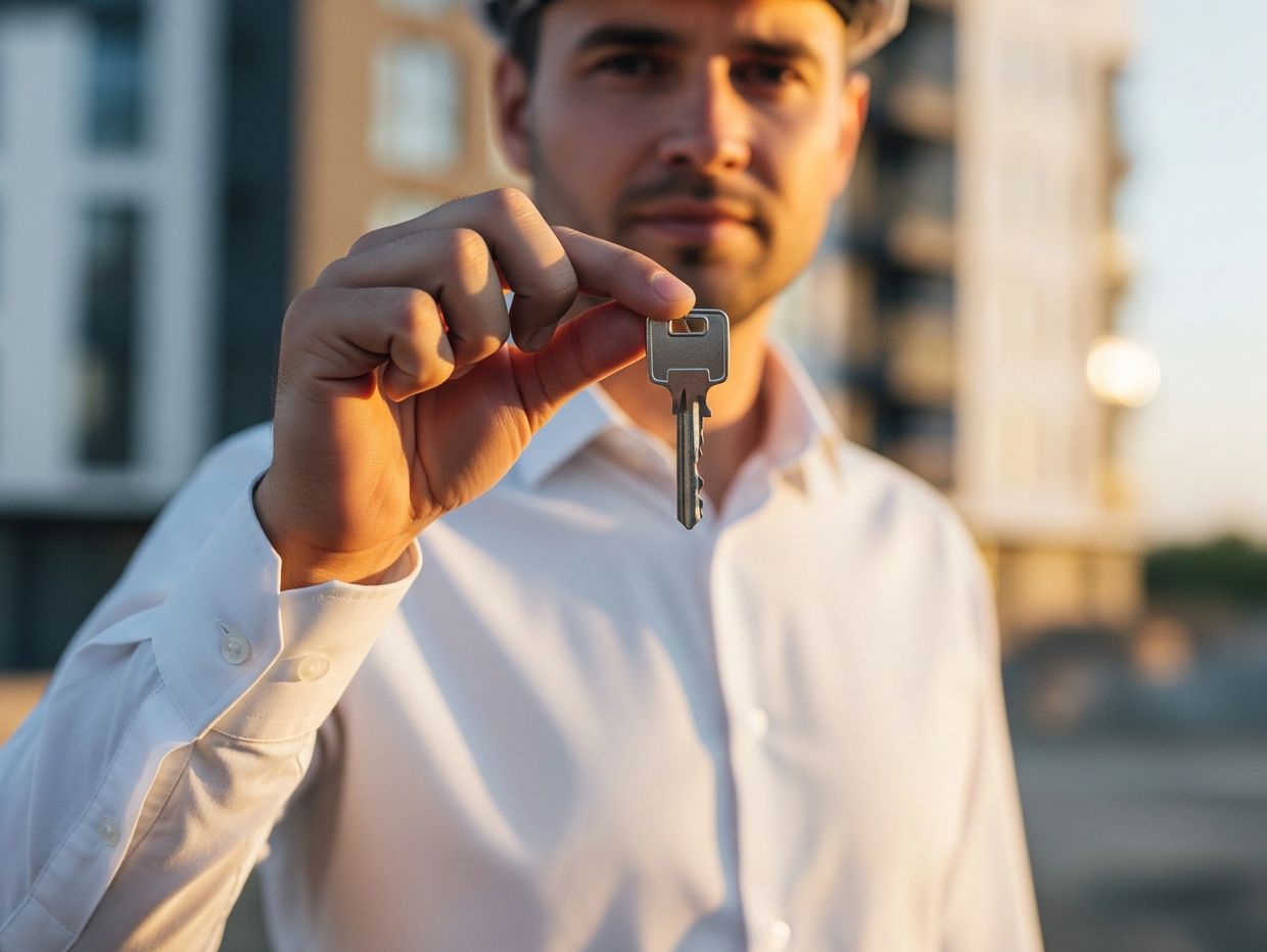 Man in hard hat holding a key, symbolizing property ownership.