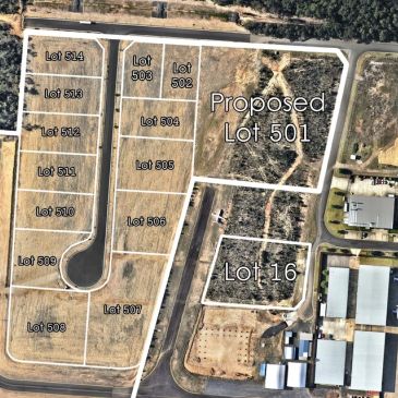 Aerial view of proposed and labeled land lots.