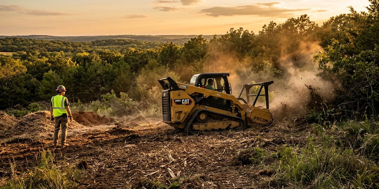 Construction worker oversees a Caterpillar machine clearing land at sunset.