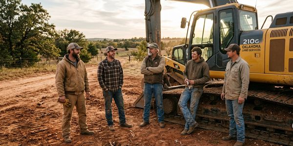 Five men in workwear stand and talk near heavy machinery on a dirt road.