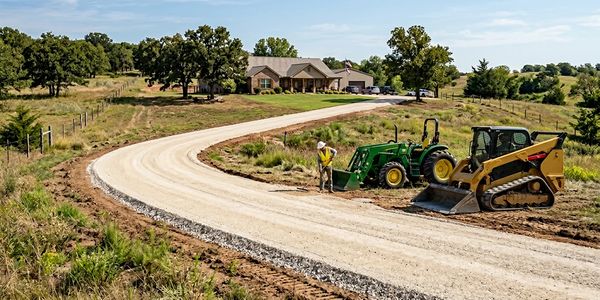 Construction workers building a gravel driveway in a rural area.