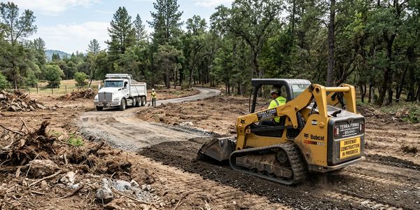 Construction workers using heavy machinery to build a dirt road in a forested area.