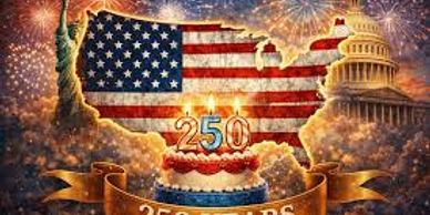 USA map with flag celebrating 250 years with fireworks.