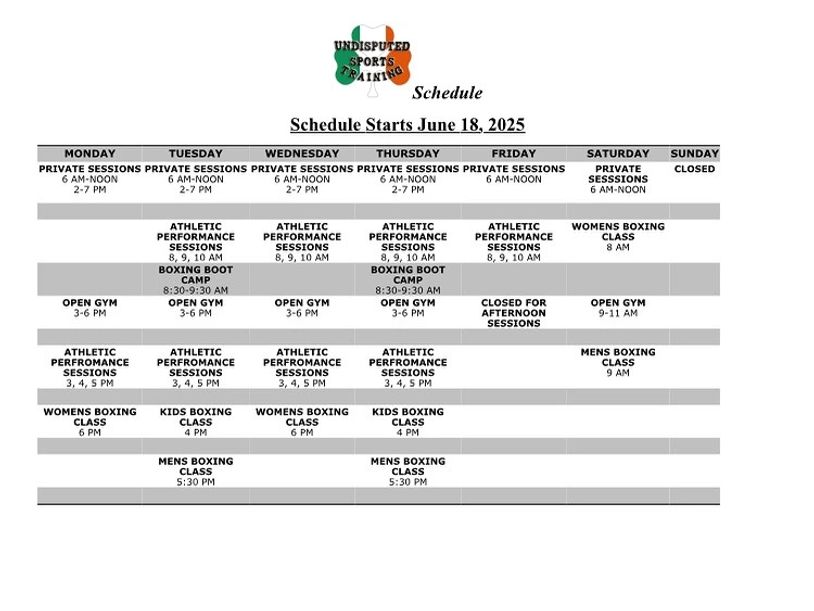 Weekly athletic training schedule starting June 18, 2025.