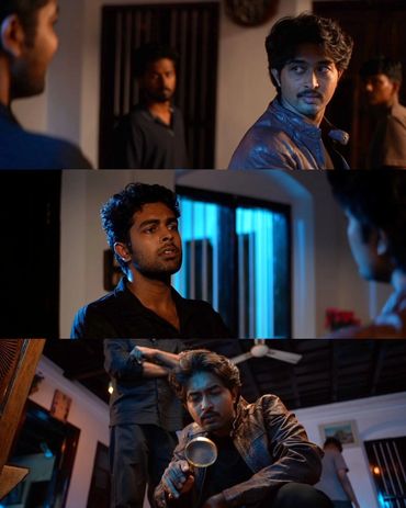 Three scenes showing intense conversations and investigations among young men in dimly lit settings.