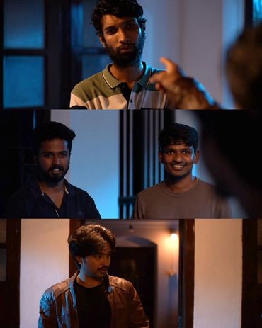 Three scenes showing different men with varied expressions in indoor settings.