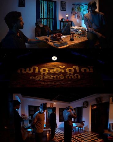 Three young men discuss plans in a dimly lit room with a vintage ambiance.