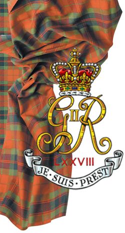Orange tartan fabric with royal emblem and motto.