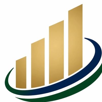 Golden bar graph with blue and green swooshes on white background.