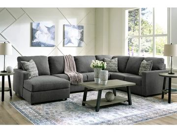 This sectional with chaise is strikingly streamlined with its track arms. Cozy cushions invite super