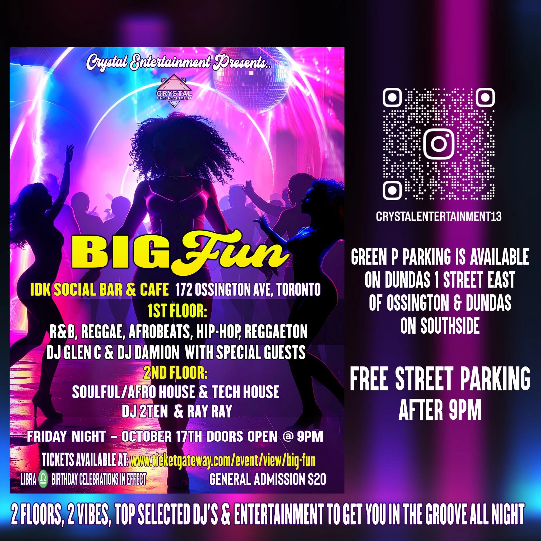 Vibrant party flyer for Big Fun event at IDK Social Bar & Cafe in Toronto.