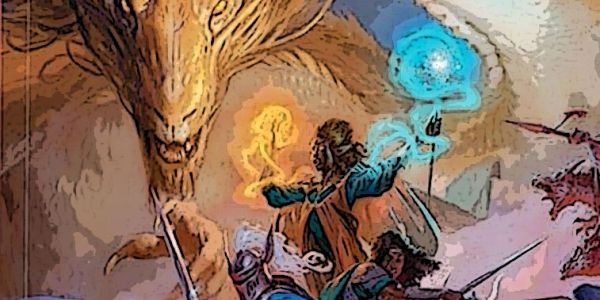 Fantasy battle scene with a dragon and spellcasters.