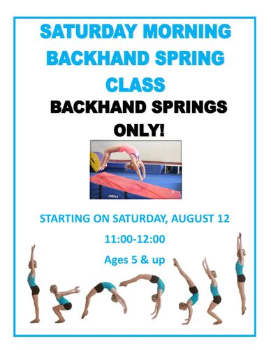 Saturday morning backhand spring class poster with a gymnastic image