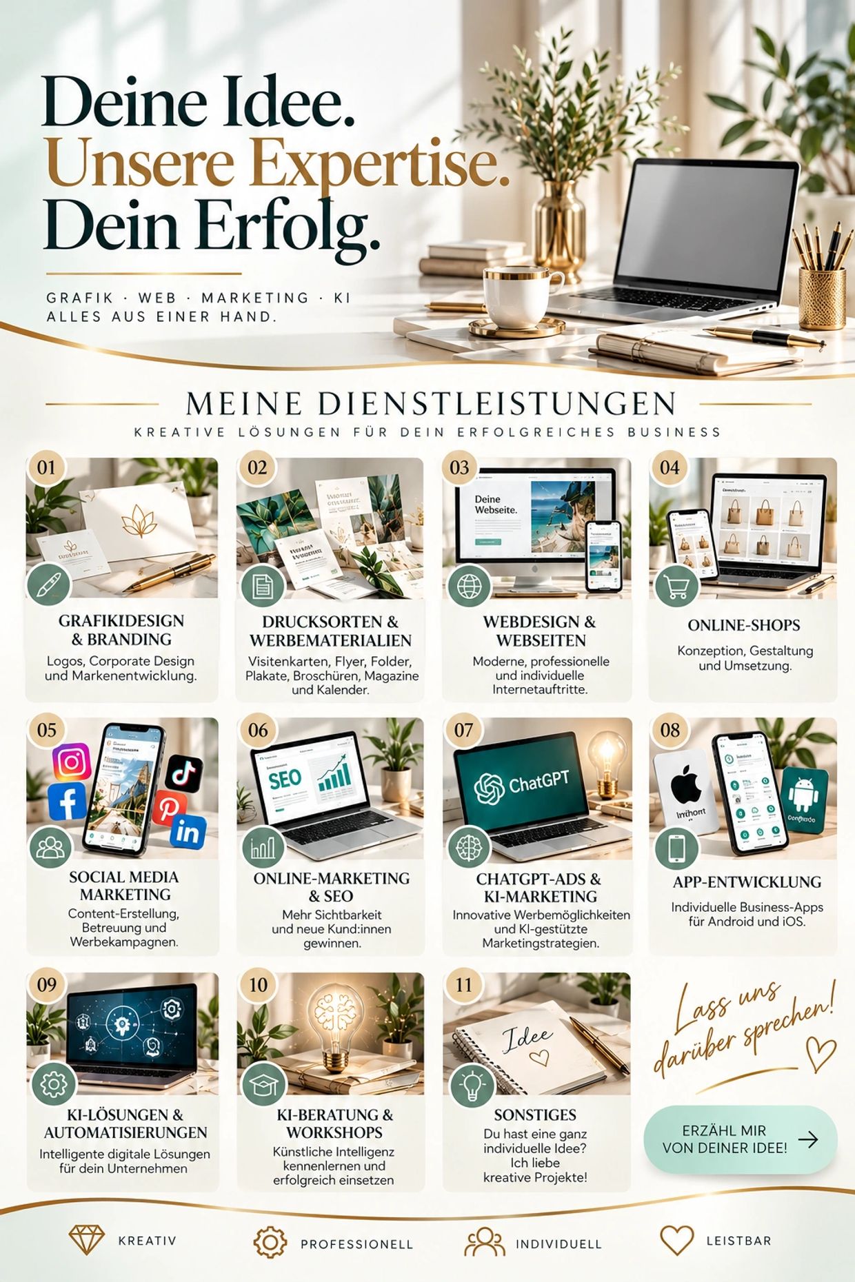 Werbedienstleistungen für Grafikdesign, Webdesign, Marketing und KI.