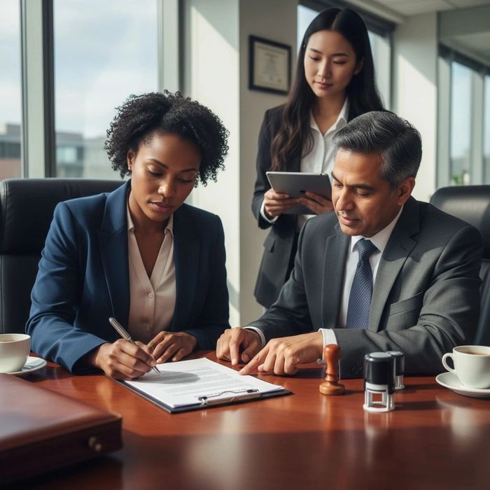 A group of people working together and sharing a document