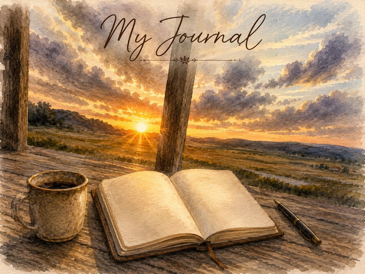 Open journal, pen, and coffee at sunrise.