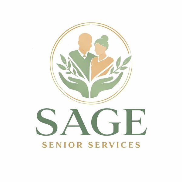 Logo for Sage Senior Services featuring caring hands and elderly couple.