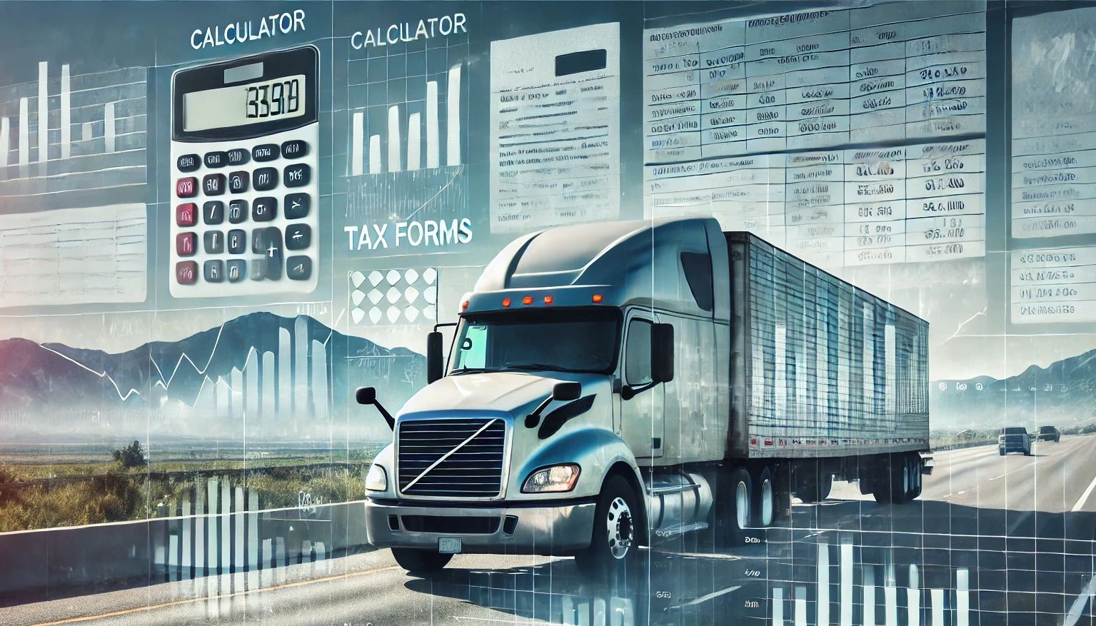 truck on the road with a bookkeeping or financial overlay (e.g., calculator, tax forms)