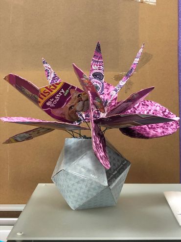 Icosahedron, platonic solid, Iconic Platonics, Upcycled fabric, cat food box, Elephant Ear Plant