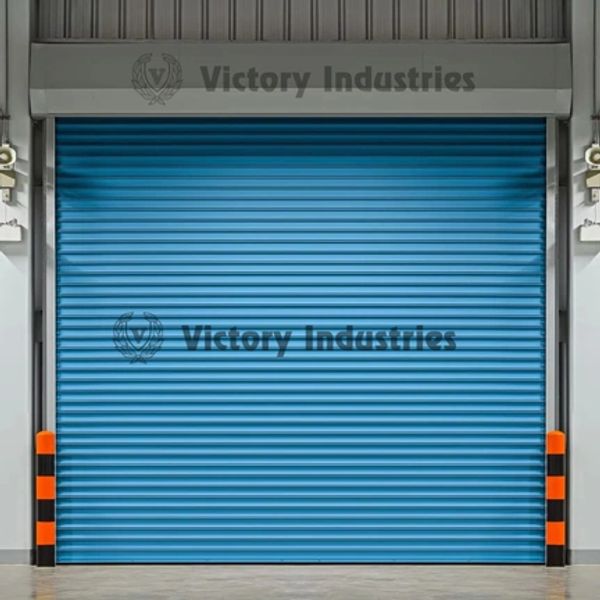 Closed blue industrial rolling shutter at Victory Industries.