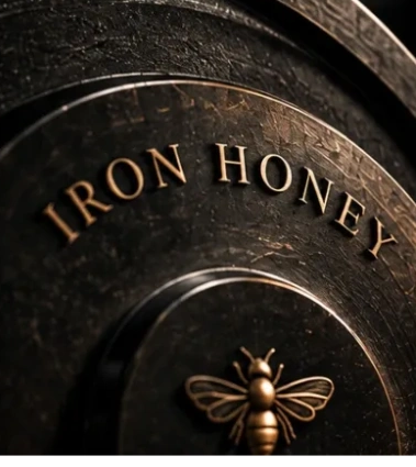Close-up of a dark metallic container labeled 'Iron Honey' with a bee emblem.