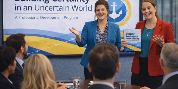 Two women presenting a professional development program to colleagues in a meeting room.