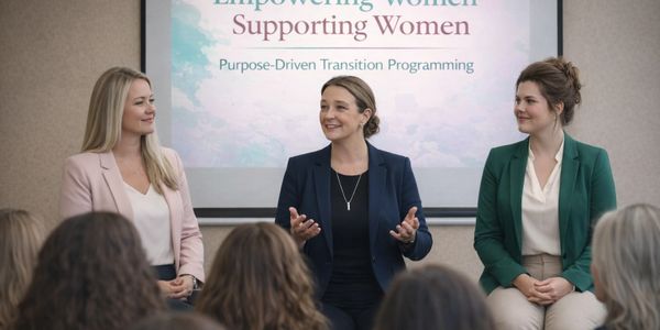 Three women speaking at a seminar on empowering and supporting women.