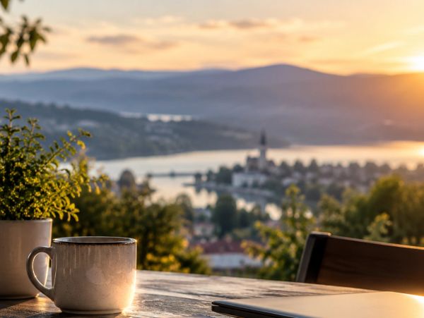 Coffee cup on table with scenic sunset view.