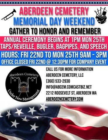 Aberdeen Cemetery Memorial Day weekend ceremony details with times and contact info.