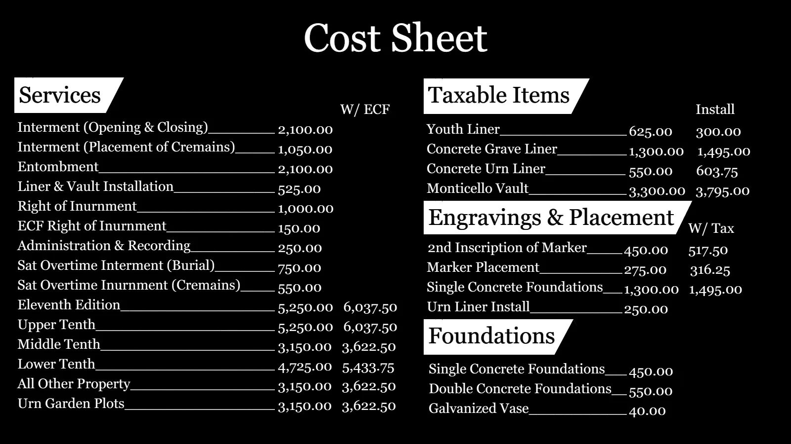Cost sheet listing services, taxable items, engravings, and foundations with prices and installation costs.