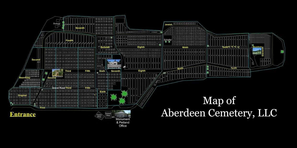 Detailed map of Aberdeen Cemetery with labeled sections and landmarks.