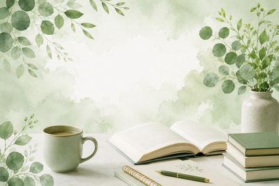 A serene study setup with books, a pen, and coffee surrounded by leafy greenery.