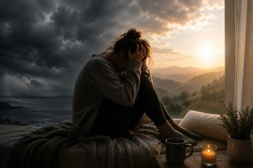 A woman sitting sadly by a window with a storm outside and sunset light inside.