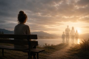 Person sitting alone on a bench watching ghostly figures at sunset.