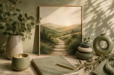 Cozy still life with nature art, candle, stones, and notebook on a sunlit table.