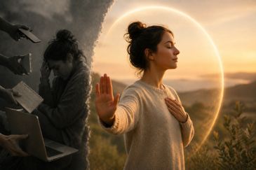 A woman embraces peace and mindfulness at sunset, rejecting stress.