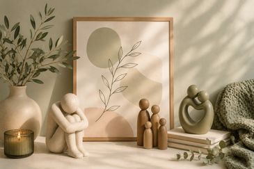 Minimalist decor with abstract art and cozy figurines in neutral tones.