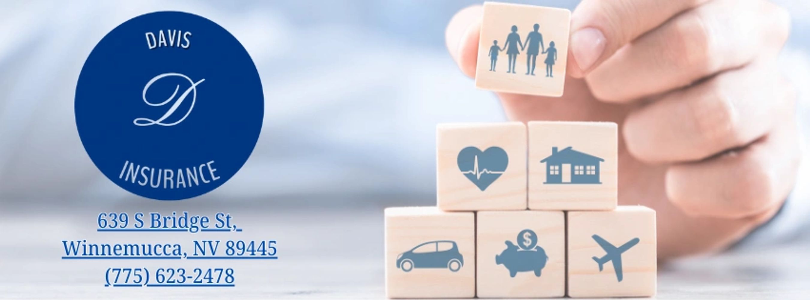 Stacked blocks symbolizing various insurance types with Davis Insurance logo and contact info.