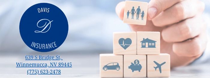 Stacked blocks symbolizing various insurance types with Davis Insurance logo and contact info.