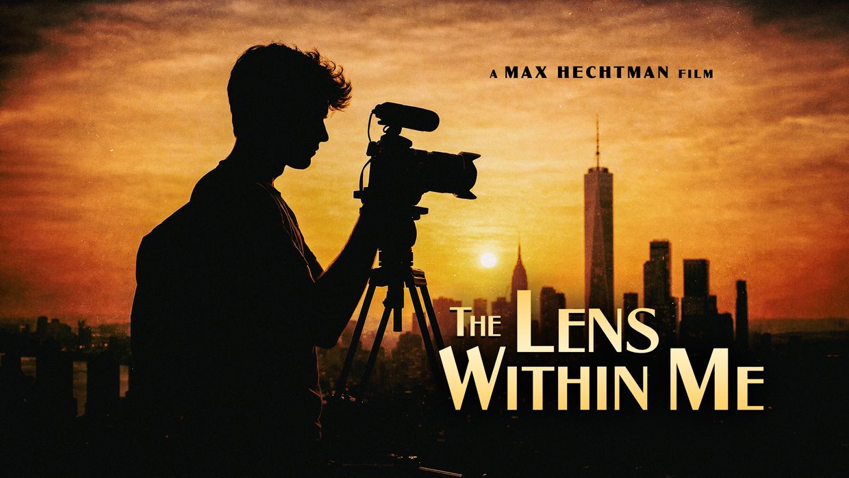 Concept art for "The Lens Within Me," showing a teenage boy filming with a DSLR camera in NYC.