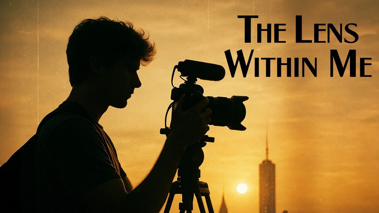 Concept art for "The Lens Within Me," showing a teenage boy filming with a DSLR camera in NYC.