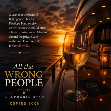 A wine glass on a yacht at sunset with a novel teaser about betrayal and downfall.