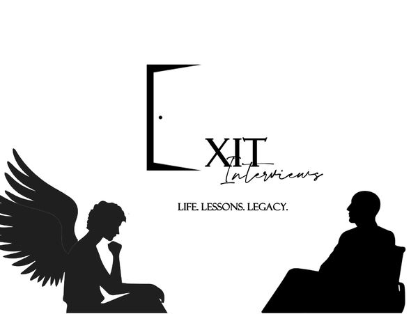 Silhouettes of an angel and a person in deep conversation under the title 'Exit Interviews'.