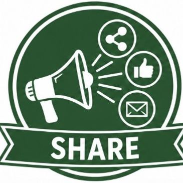 Green badge with megaphone and share icons.
