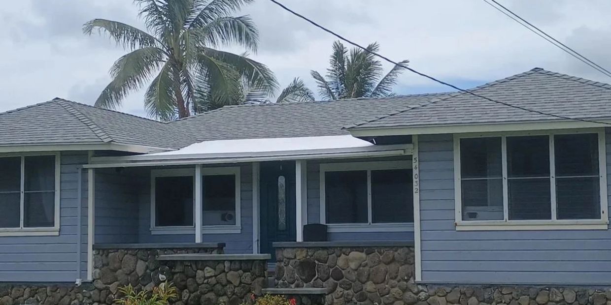 Blue house with stone facade, palm trees, and a cloudy sky.