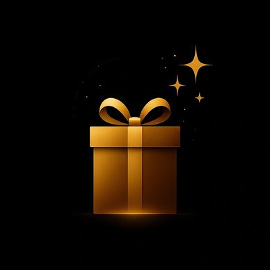 Golden gift box with shining stars on black background.