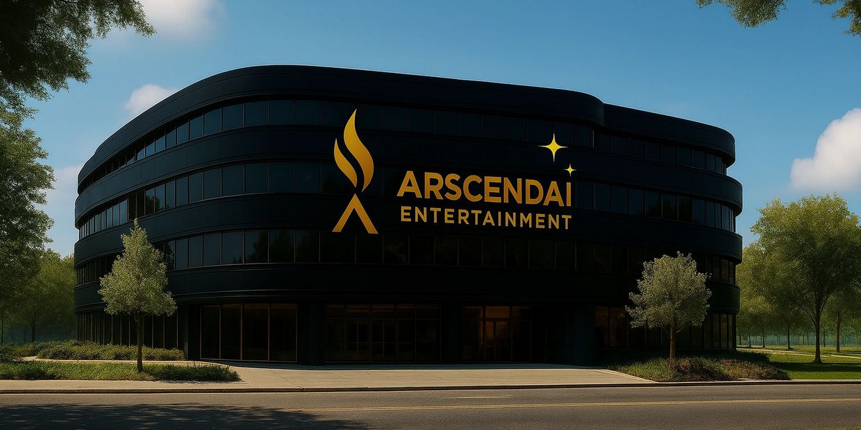 Modern black building with gold ARSCENDAI ENTERTAINMENT logo.