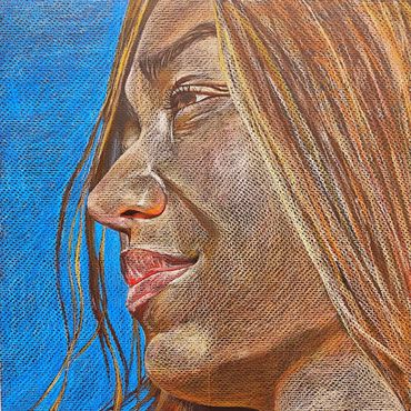 Self-portrait done in colored pencil on black paper. 