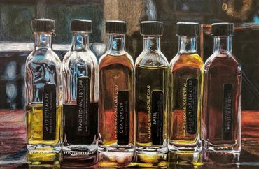 Colored pencil rendering of six bottles of cooking oil. 