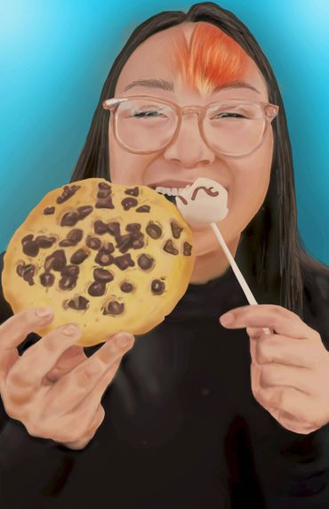 Digital rendering of Jordan eating a cookie and a cake pop. 